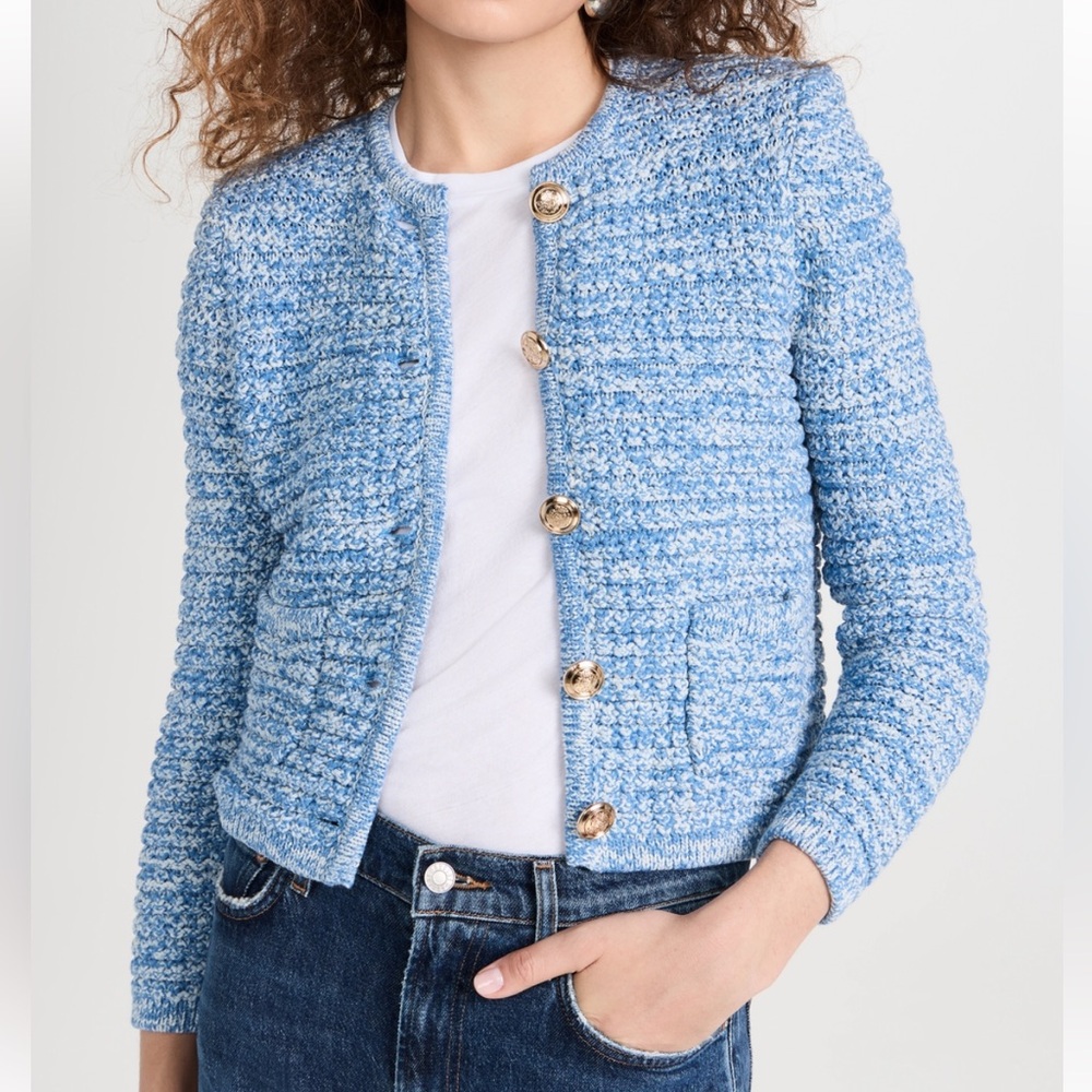 ba&sh Gaspard Blue Tweed Cardigan Size S Button Front Cropped Jacket